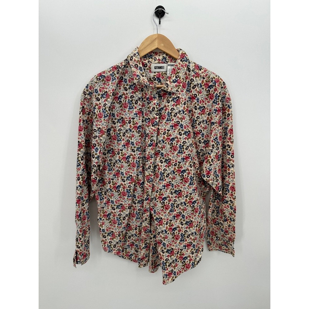 Vintage Gitano Floral Button Shirt Women L Cottagecore Ramie Cotton Garden Earth